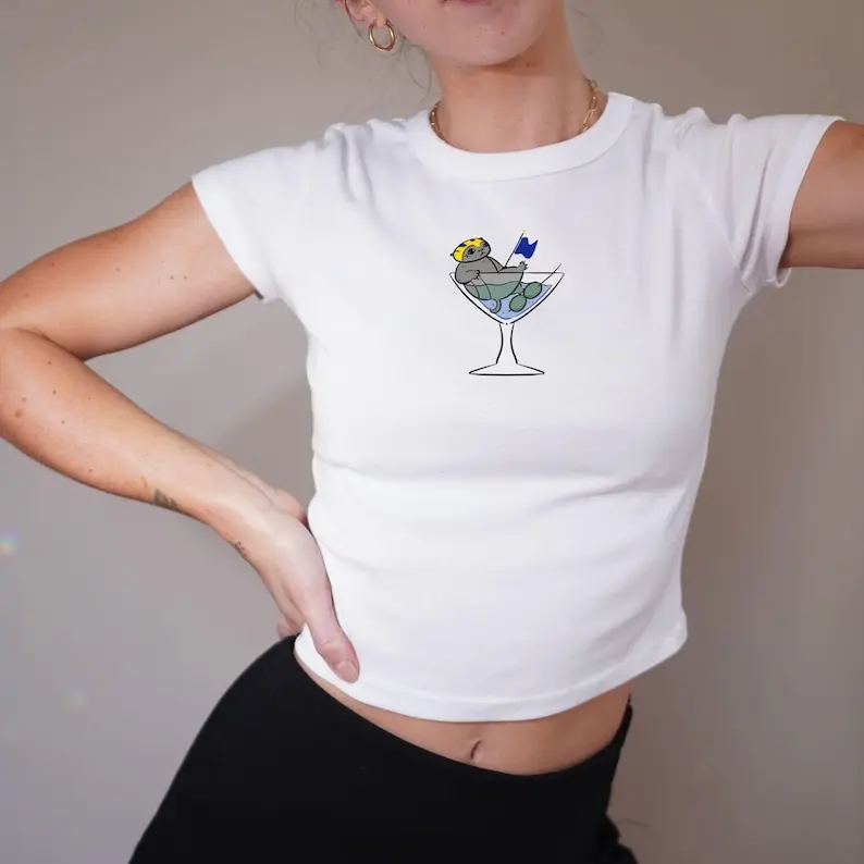 Ann Arbor Baby Tee, Wolverine in Martini Glass, Cute Tailgate Shirt, Coquette College Town Top, Y2K Baby Tee, Michigan Shirt