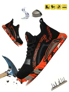 Men's Sporty Lace Up Striped Pattern Low Top Safety Shoes, Casual Comfortable Breathable Letter Patched Design Work Shoes, Fashionable Anti-smash and Anti-puncture Shoes for Daily Wear