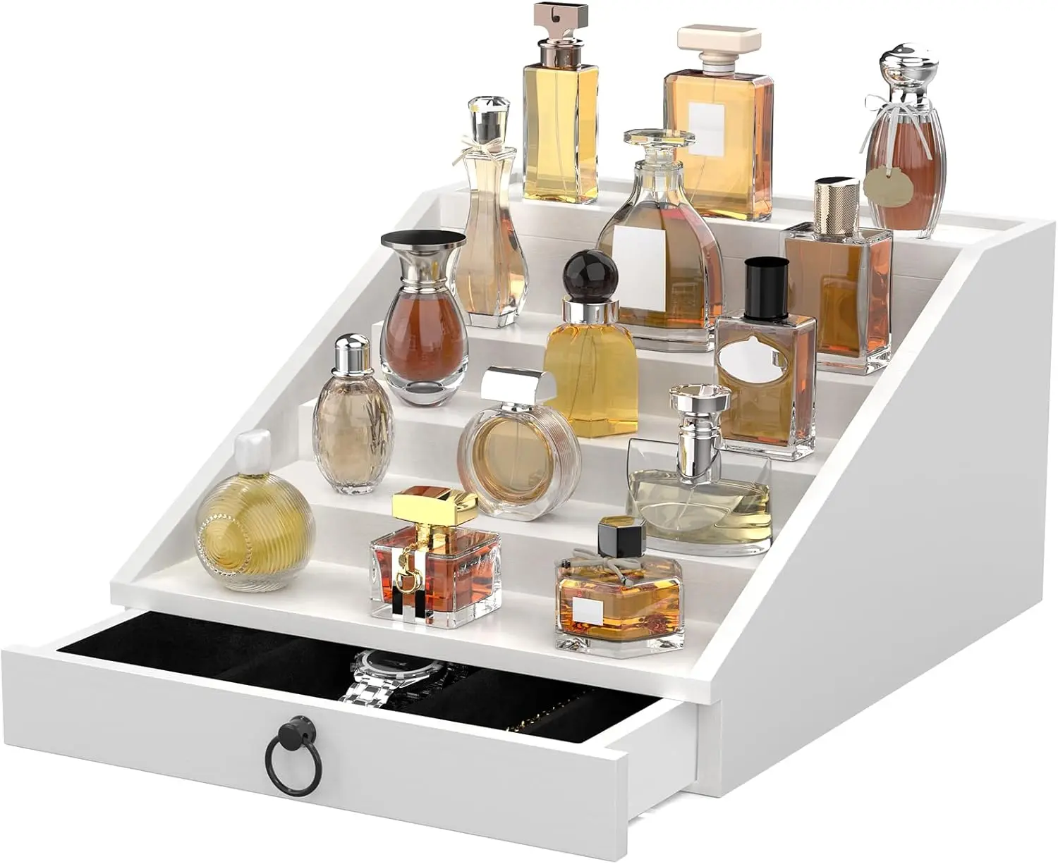 4-Tier Black Wooden Cologne Stand Display for Men - Home Organizer with Velvet-Lined Drawer, Hidden Storage, Perfume Holder, Leather Watch Rack, Ideal Male Thoughtful Gift for Anniversaries (4tier-black)