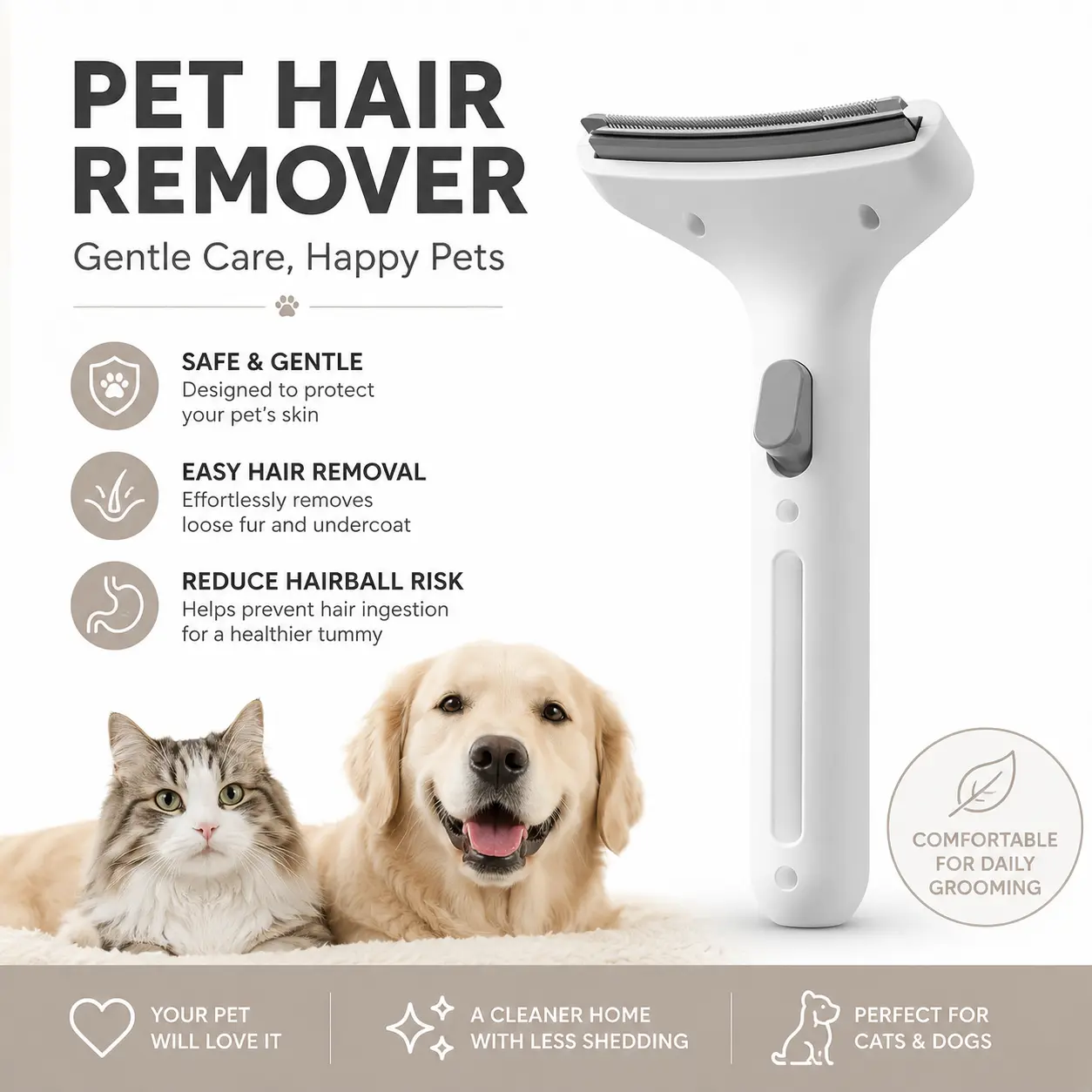 Self-Cleaning Pet Grooming Brush for Cats & Dogs, One-Click Shedding Tool for Loose Undercoat Removal, Gentle Deshedding Comb for Healthy Pet Coat & Skin