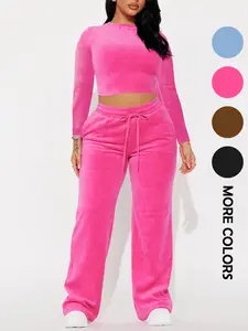 Women's Fashion Velvet Slim Fit Crop Long Sleeve Top & High Waist Straight Leg Pants Set, Casual Autumn Winter, Comfortable & Stylish