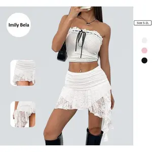 Imily Bela Y2K Fairy Core Skirt Low Rise Mini Lace Pleated Ruffle Asymmetrical Half Slip for Any Occasion Soft Breathable Layered Ruffle Design