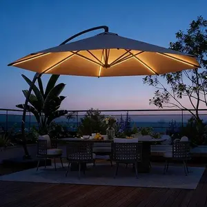 Aoxun 11 FT Offset Cantilever Patio Umbrella with Base, LED Strip Lights, 360° Rotation, Windproof Heavy-Duty Aluminum Outdoor Umbrella for Pool, Garden, Led Lights,summervibes