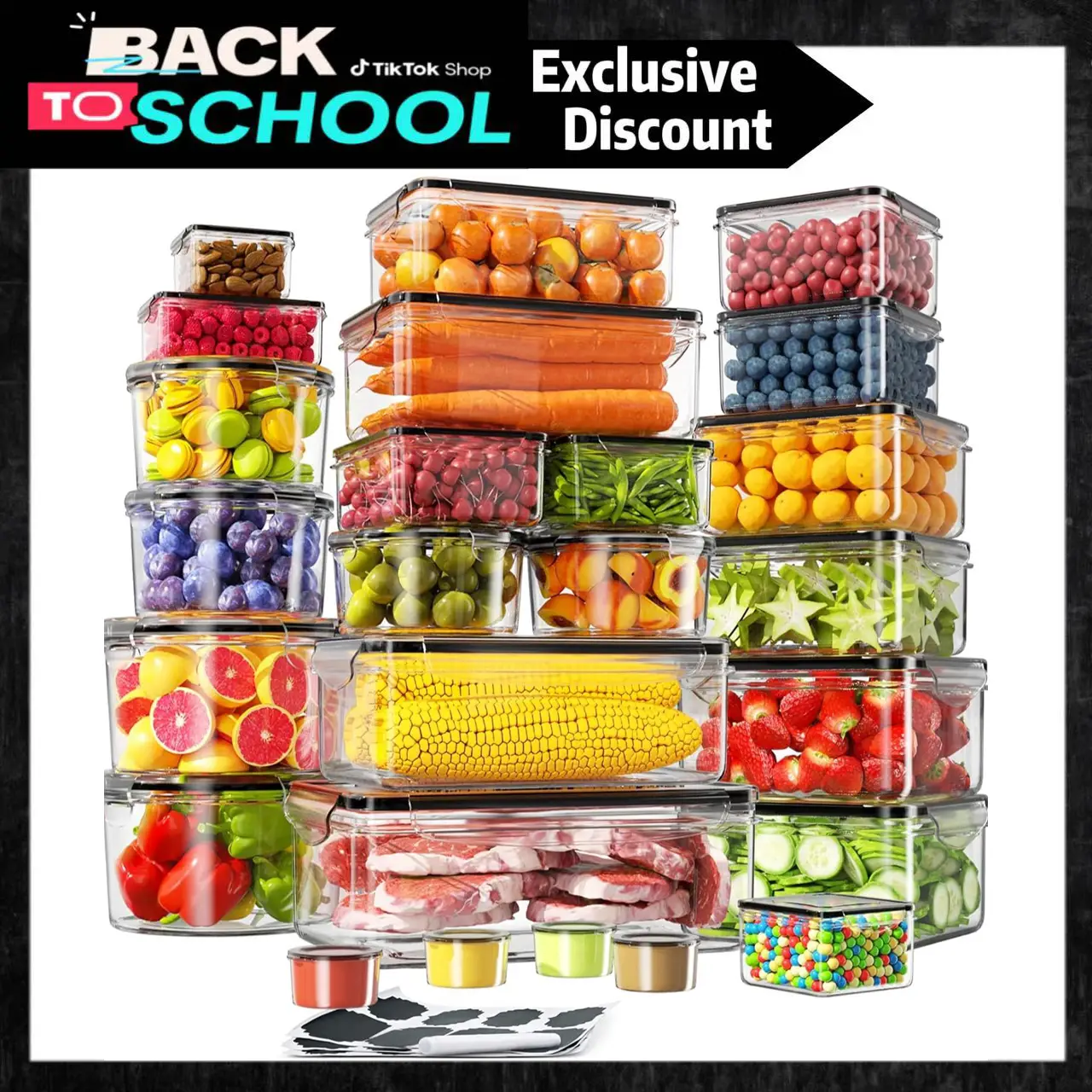 AISOON 50 PCS 85Oz Plastic Food Storage Set (25 Containers & Lids), Airtight, BPA-Free, Leakproof, Microwave-Safe, Labels&Pen,for Kitchen Organization