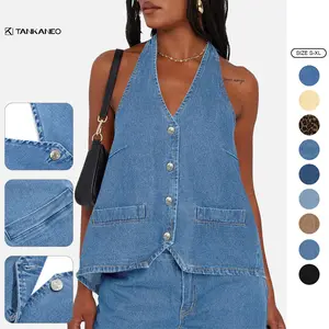 Tankaneo Womens Halter Denim Vest Tops Summer Open Back Y2K Going Out Tank Tops V Neck Button Down Jean Shirts