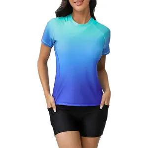 Women's Rash Guard 2 Piece Short Sleeve Swim Shirt with Shorts Swimsuit with Bra Bathing Suit Plus Size with Pocket