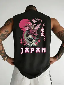 Men's Oversize Japanese Dragon Tokyo Print Sleeveless Vest, Eastern Street Style Fitness Top, Summer Workout Wear, Casual Fitted Short Sleeve