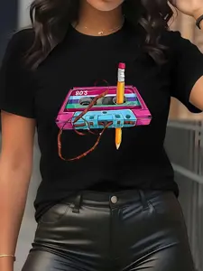 Retro Cassette Design T-Shirt| Durable and Comfortable, Breathable Fabric, Stylish Unisex Top, Perfect for Layering, Ideal for Home Office or Casual Wear, Modern Look, Crew Neck