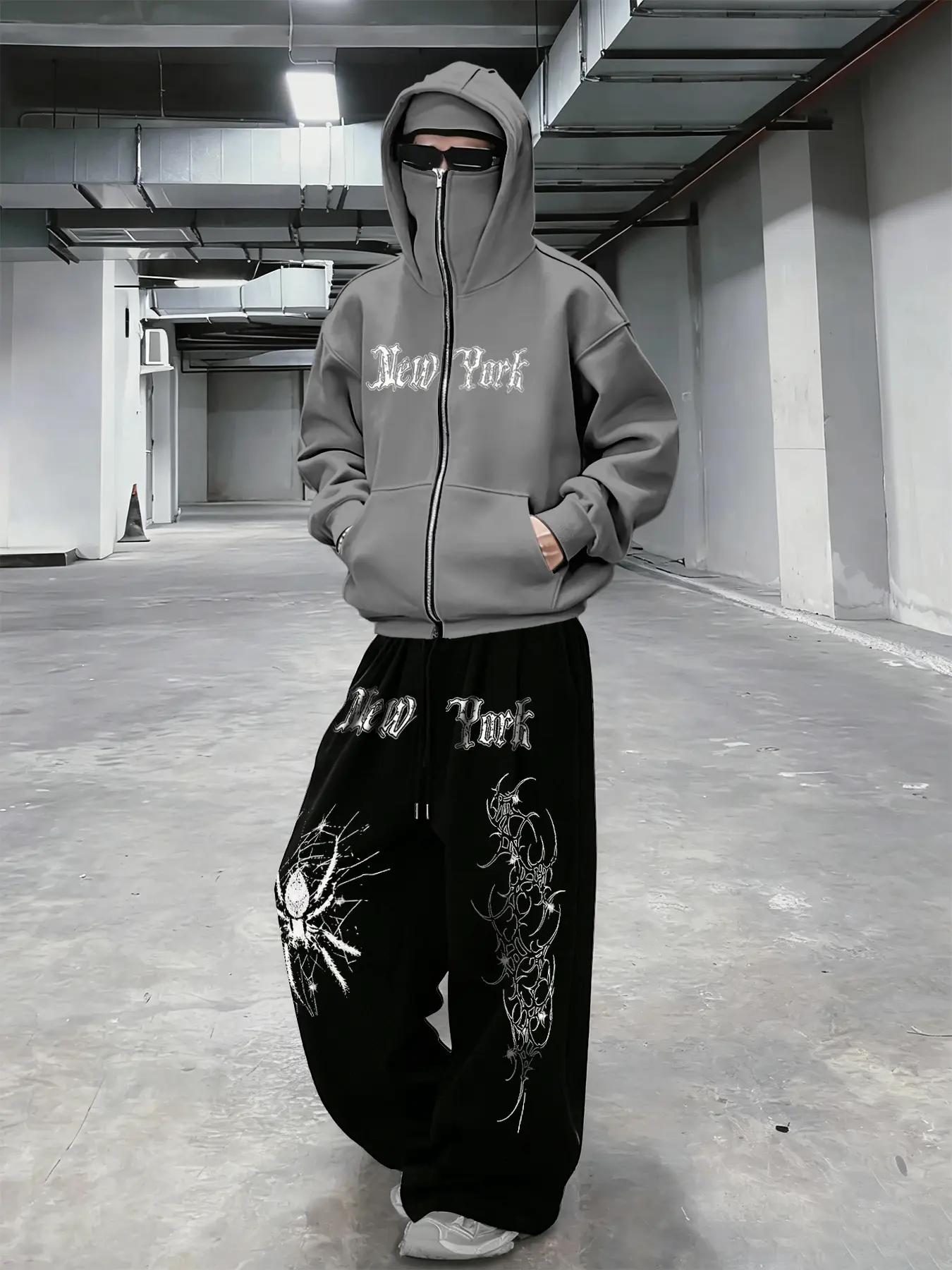 Men's Rhinestone Hoodie Set, Silver Color Rhinestones, Street