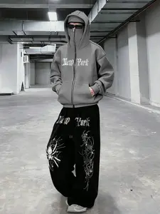 Men's Rhinestone Hoodie Set, Silver Color Rhinestones, Street Luxury Style, Fitted Zipper Sweatshirt & Wide Leg Pants