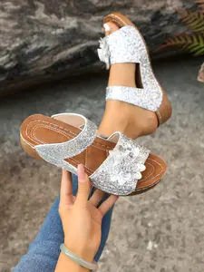 Women's Silver Color Sequin Flower Heeled Sandals, Vintage Style Slip-Ons for Summer, Versatile Party and Travel Shoes Footwear