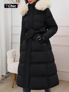 Women's Long over Knee Fur Collar Down Cotton Jacket, Slimming Waist Design, Perfect for Cold Weather Daily