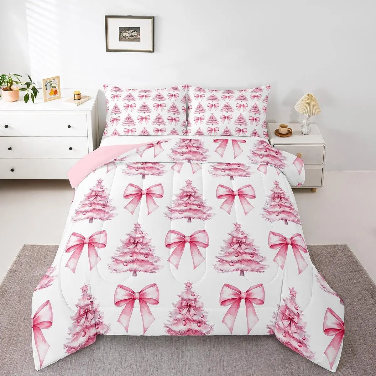 Pink Bowknot Kids Comforter Set,Christmas Trees Pine Bow Tie Toddler Bedding Set,Girls Women Room Decor,Merry Christmas Happy New Year Down Comforter,Xmas Duvet Insert