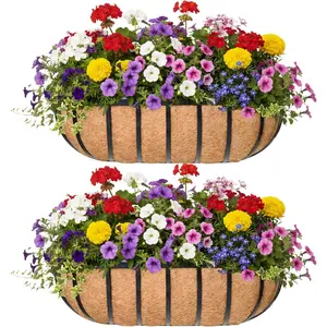 36" Window Box Railing Planter with Coco Liner Metal Wall-Mounted Coconut Liner Planter Basket English Horse Trough Planters for Outdoor Deck Balcony Porch Fence Patio Black (2 Pack)