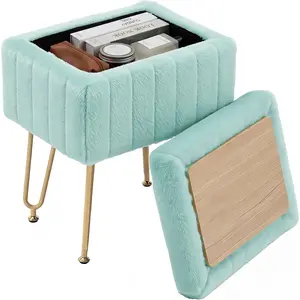 16 Inch Vanity Stool with Storage, Faux Fur Upholstered Bedroom Ottoman Chair, Small Makeup Stool with Hidden Compartment & Metal Legs, Soft Seat for Bedroom