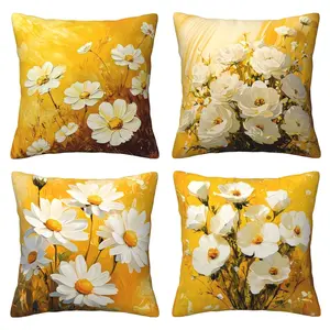 4pcs Set Sofa Pillow Cover Yellow Themed Flower Pillowcase Home Decoration Sofa Lumbar Support Cover, Double-Sided Printing, Without Pillow Core