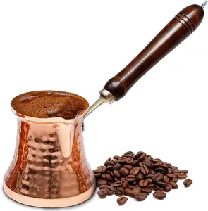 Cezve Turkish Coffee Pot - Hammered Copper Ibrik with Wooden Handle - Traditional Gifts for Coffee or Tea Lovers Tin Mugs