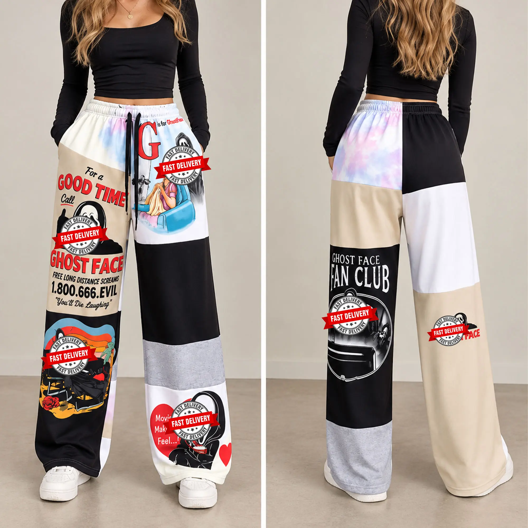 Gh0st Fa.ce Fan Club Sweatpants, Custom Horror Patchwork Sweatpants, Halloween Sweats