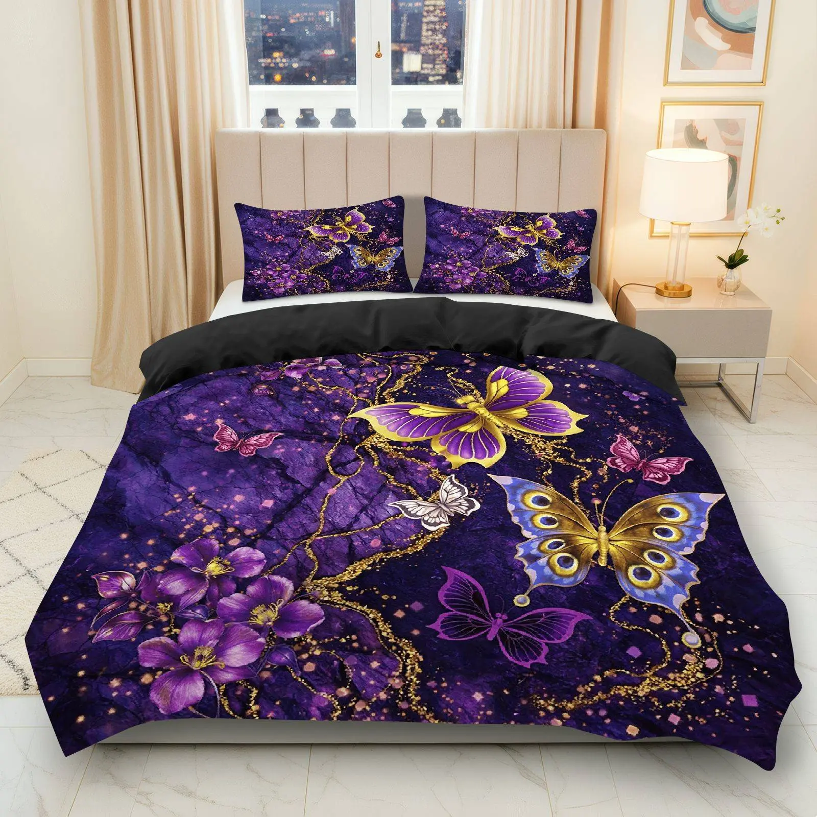 3PCS Duvet Cover Set, 1 Duvet+2 Pillowcases(Without filler), Butterfly Floral Purple Fantasy Theme, Christmas bedding set, Luxurious Elegant Vibrant Suitable for decoration bedroom living room guest room hotel.