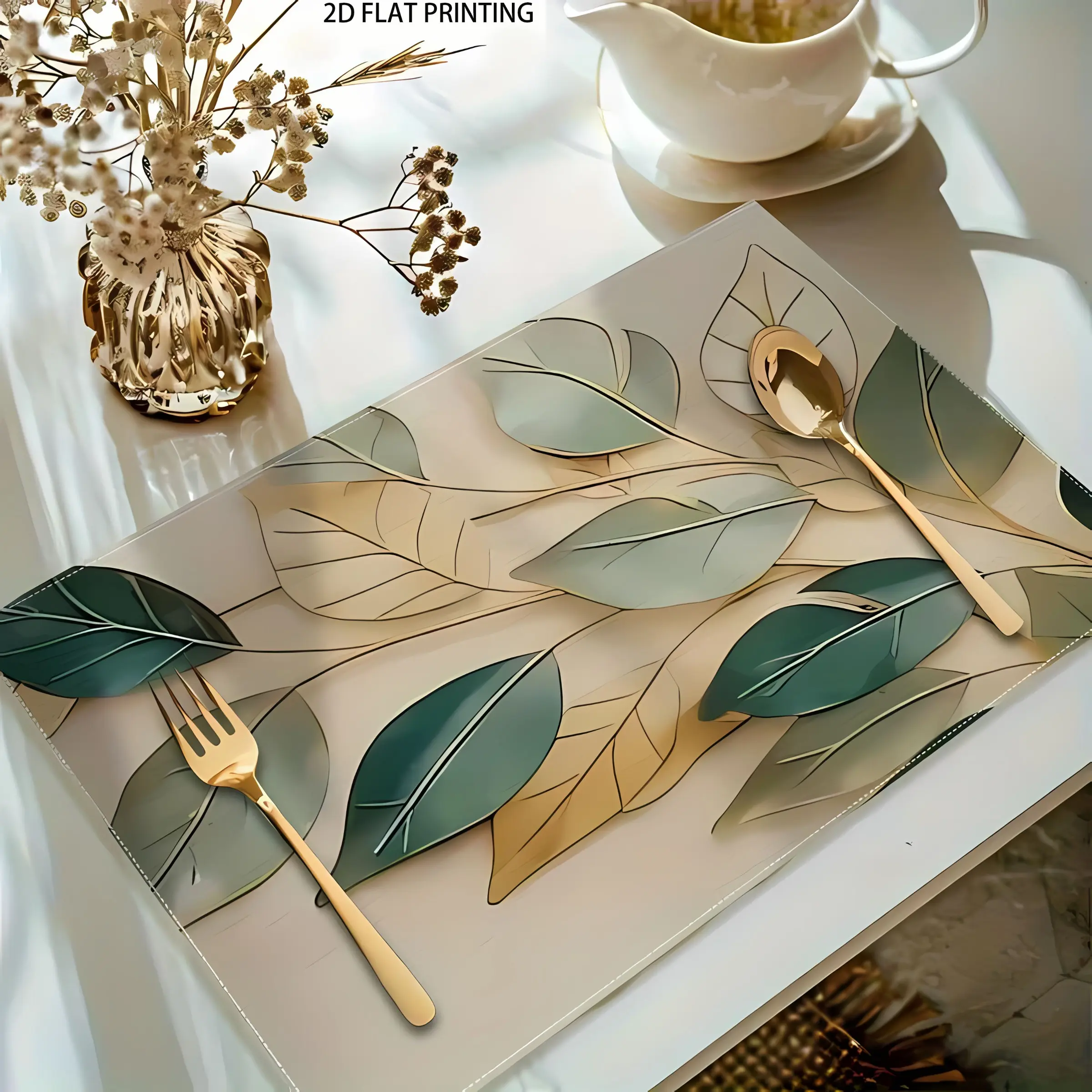 2D flat printing, 2-piece/4-piece/6-piece/8-piece set of Aesthetic leaf pattern dining table boho placemats, 12x18 inch single-sided 2D printed fabric table mat set, suitable for home decoration and party decoration