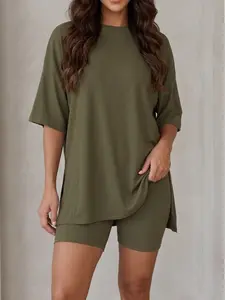 Women's 2 Piece Outfits Casual Summer Matching Sets Oversized Half Sleeve T-Shirt and High Waist Biker Shorts Tracksuit