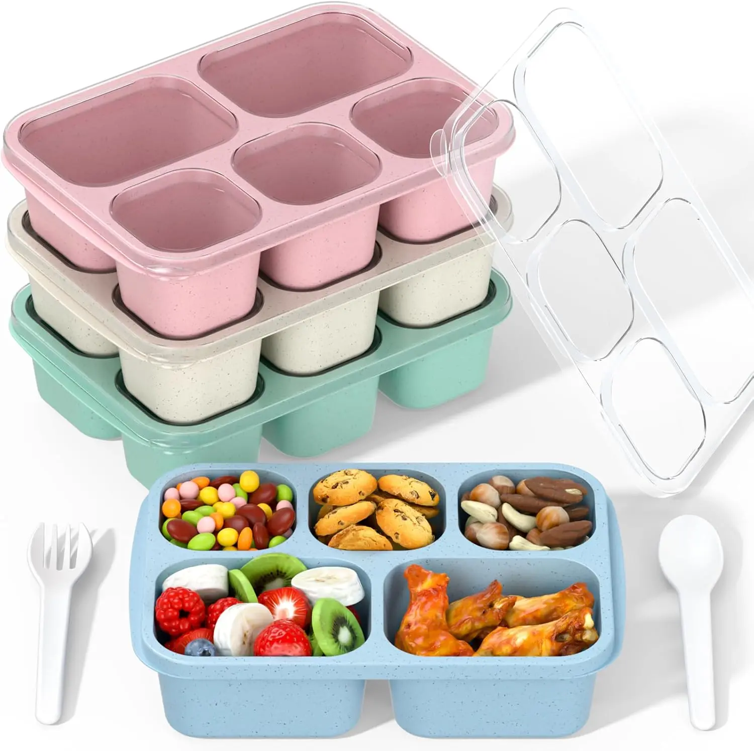Box Adult Lunch Box - 4 Pack, 5 - Compartment Meal Prep Container for Kids, Reusable Food Storage Snack Containers - Stackable for School, Work, and Travel (Wheat(Green/Blue/Pink/Beige))