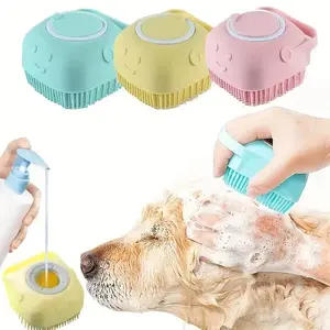 Silicone pet bathing brush and shampoo dispenser — gentle massage grooming tool designed for dogs and cats; handheld, evenly dispenses body wash and doesn’t leak; silicone massage brush with shampoo dispenser.