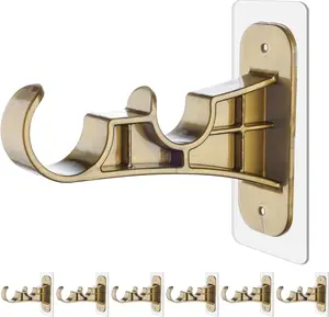 6-Pack Double Curtain Rod Bracket No Drill, Adhesive Nail-Free Rod Holder Brackets, No Drilling Damage Free Double Rods Hangers Hooks for Living Room, Bathroom, Kitchen - Retro Color