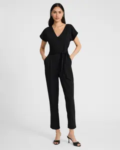 Express V-Neck Tie Waist Straight Leg Jumpsuit with Pockets
