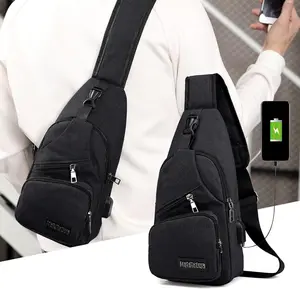 Black Men's Dark Oxford Cloth Sling Chest Pouch - Casual Waist Bag, USB Port, Headphone Jack, Adjustable Strap, Waterproof, Hands-Free Wallet, Suitable for Everyday Use,summervibes(black/blue)