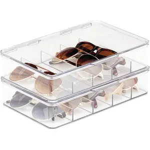 Plastic Stackable Eyeglass Case Storage Organizer with Hinged Lid for Unisex Sunglasses, Reading Glasses, Fashion Eye Wear, Protective Glasses, 5 Sections, Ligne Collection - 2 Pack - Clear