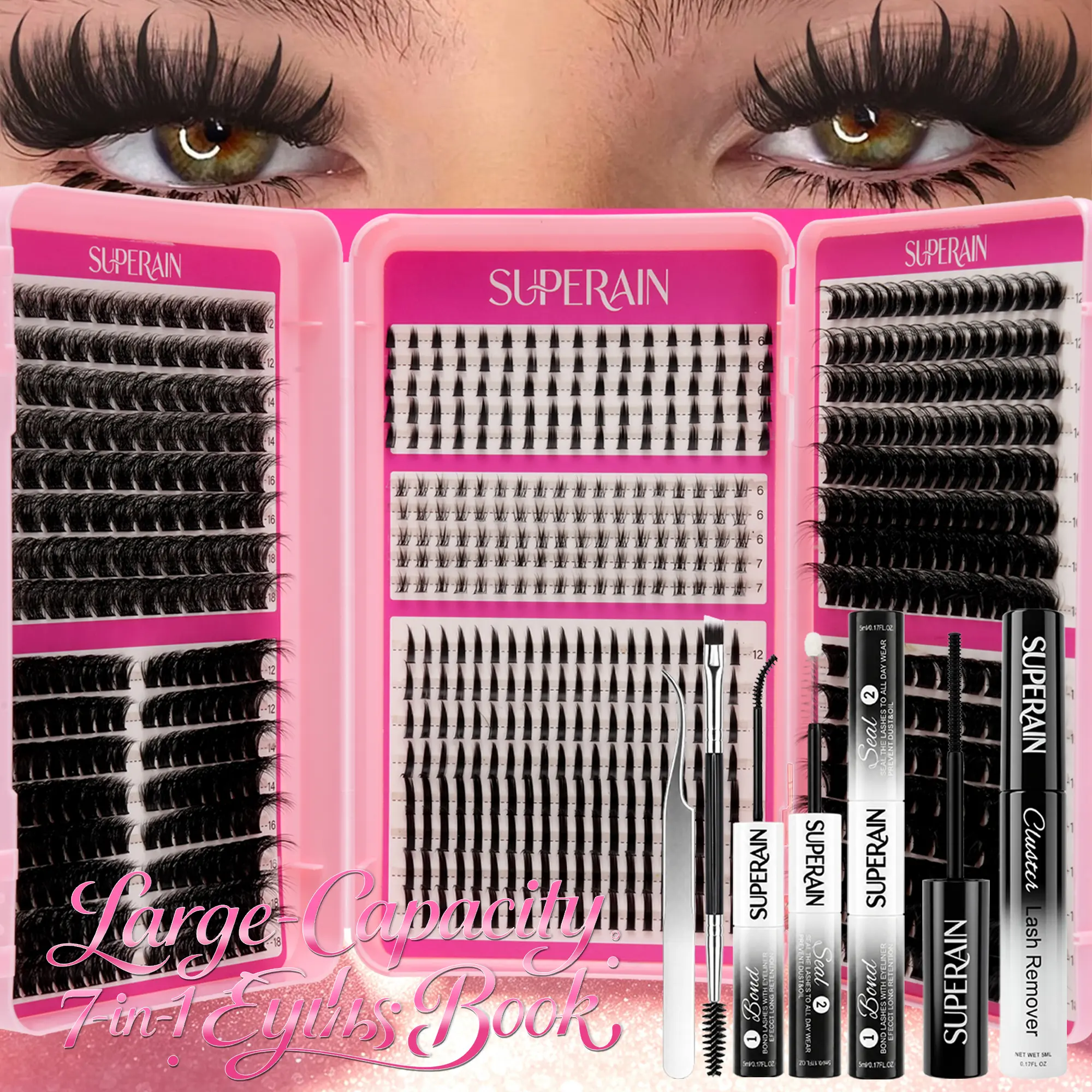 SUPERAIN 767-Pcs Mixed Lash Cluster Eyelash Extensions - 5 Types: D-Curl, J-Curl, Bottom Individuals, Spiky, Fluffy - Thick Lashes for DIY At-Home Makeup Use