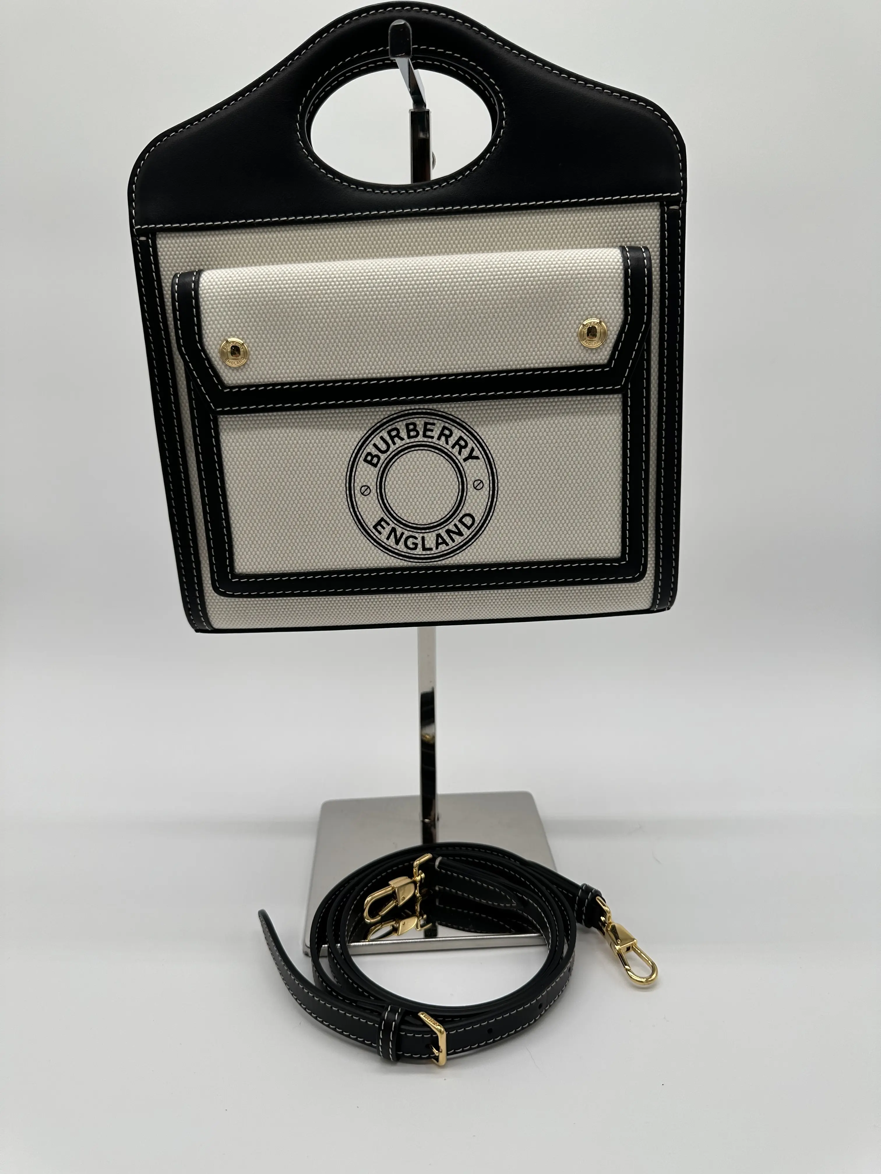 Pre-owned BURBERRY Canvas and Leather Crossbody Bags Mini Pocket Bag in Cream Canvas and Black Leather Trim