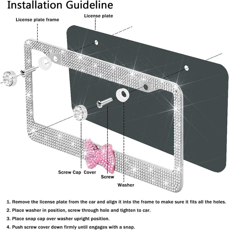 2 Pack Bling License Plate Frame, Rhinestone Premium Stainless Steel License Plate Frame, Facets Clear Color Rhinestone Crystal, Girly Car Accessories Automotive Vehicle
