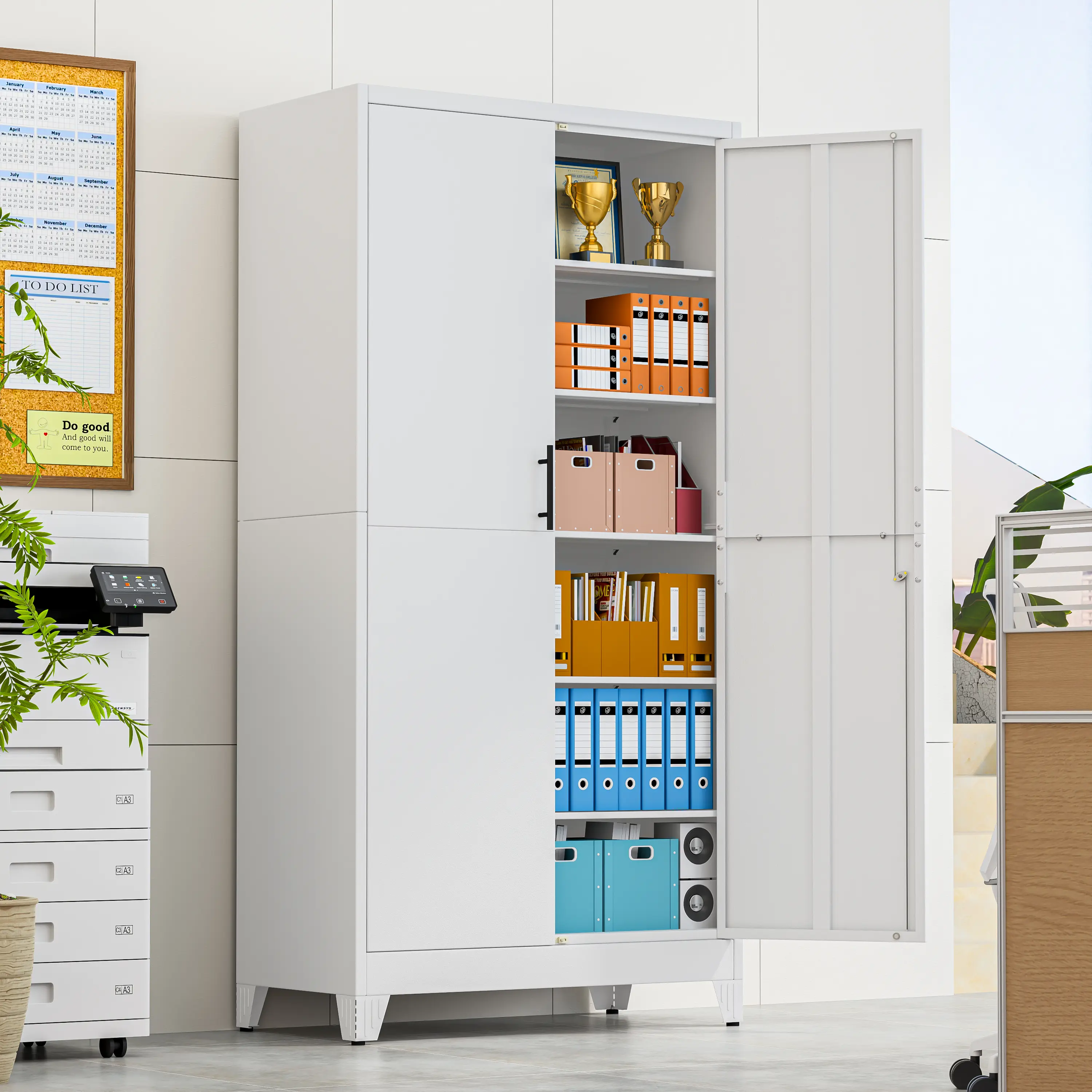 White Metal Locker Cabinet 71"H, Steel Storage Cabinet with Doors & Adjustable Shelves, Indoor Tall Storage Organizer Cabinet