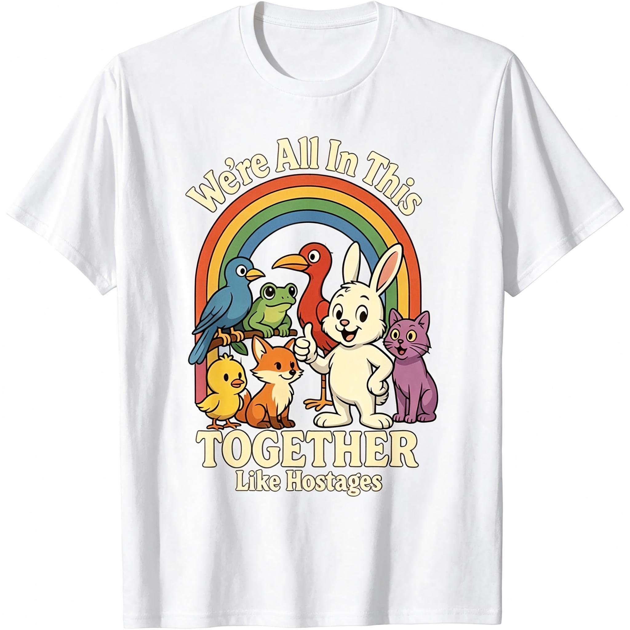 Thick Soft Breathable Cotton Graphic T-Shirt - Round Neck, Short Sleeves, Classic Casual Layer, Sarcastic "We're All in This Together Like Hostages" Humor Tee, Easy-Matching Streetwear for Sports & Outdoor Activities