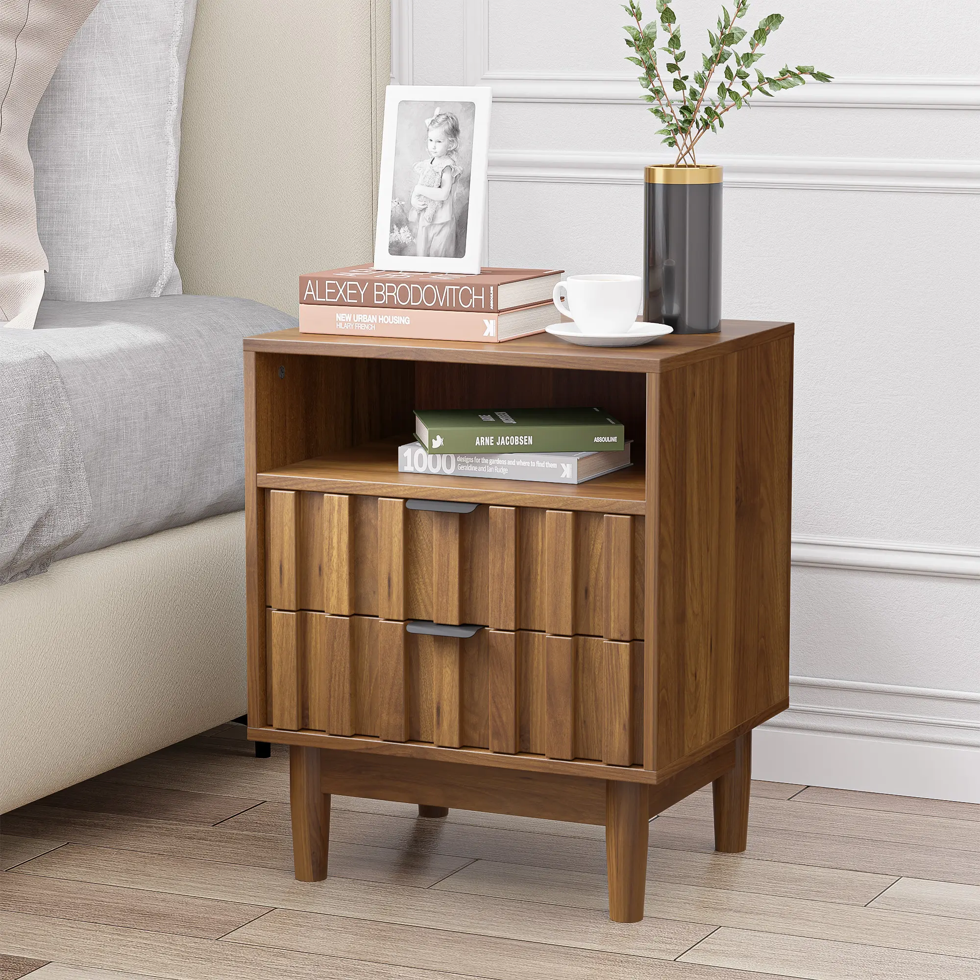 Fluted Bed Side Table with Solid Wood Legs, 2 Storage Drawers & Open Shelf, 23.6x18.9x15.7" Engineered Wood Wide Fit Nightstand for Bedroom, Living Room (Walnut)