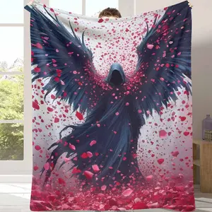 Dark Angel Fantasy Flannel Blanket， Gothic Wing and Rose Petal Print， Soft Warm Cozy Lightweight Fade Resistant， Perfect for Bedroom Decor， Living Room Sofa， Halloween Theme， Gift for Friends， Relaxing Reading Retreat