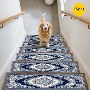 15pc Blue Pattern Stair Mats Non-Slip Durable Home Rug, European Classical Style Stair Carpet, Stair Decorative Mat, Stair Protection Pad, Boho Runner Rug