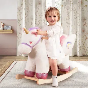 Baby rocking horse, unicorn-shaped wooden rocking horse, suitable for children aged 12 months to 3 years, cute pink plush ride-on rocking horse, girls' toy, Christmas and birthday gift