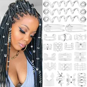 103PCS Silver Hair Jewelry for Braids Accessories  Cuffs & Rings Loc Black Women Metal Braid Decorations Charms Dreadlocks and Braiding