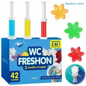 Toilet Gel Stamp, 3 Pack/42 Toilet Stamps,Toilet Bowl Stamp Gel, Toilet Gel Refills, Toilet Refresh Flower Scent Gel, Includes Dispenser and Gel, 3 Pack/set Last for three Month (Colors selected randomly) Scented Fragrance