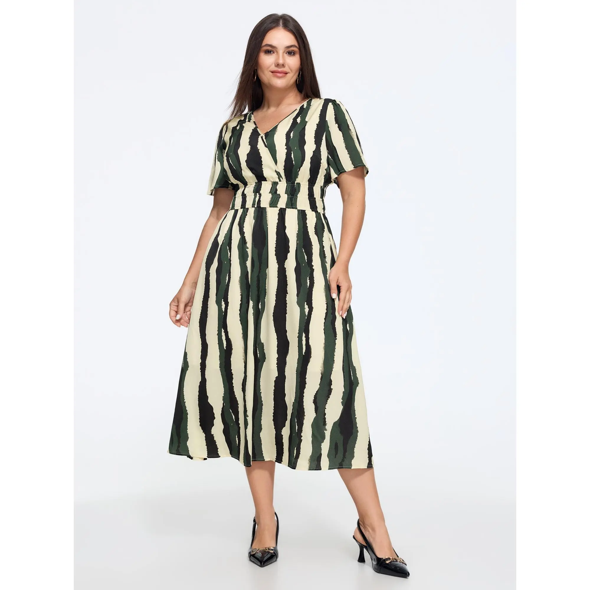 BLOOMCHIC Women's Plus Size Casual Polyester Short-Sleeve Stripe Print Wrap Neck Shirred Waist Pocket Midi Dress [M-6X] - Back To School, Fall Pick, Smooth