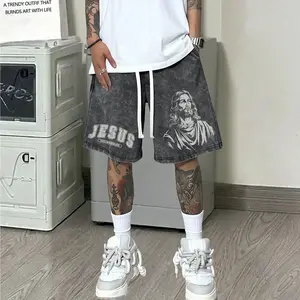 Men’s 2026 Fashion Cotton Retro Washed Distressed Shorts — Trendy Street Y2K Snowflake Design, American Style Jesus Letter Print; Comfortable, Breathable, Lightweight Fabric for Surfing and Basketball; Suitable for All Seasons; Premium Gift for Boyfriend/