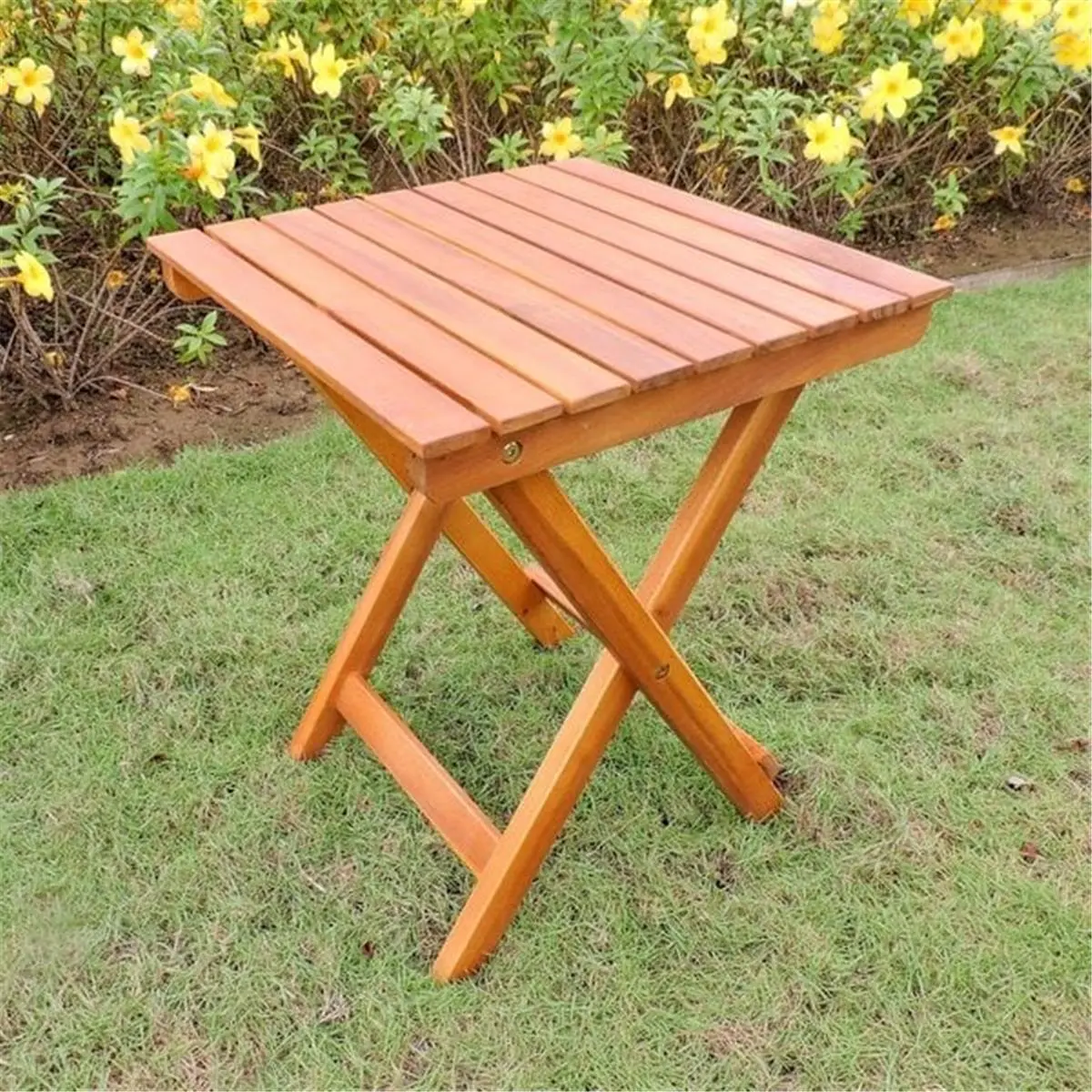 212 MAIN 16 in. Rustic Acacia Wood Round Folding Outdoor Side Table - Stained Finish, Angled Legs, Outdoor Living Furniture