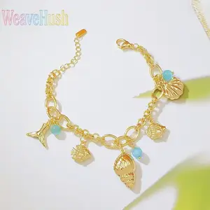 Hot Selling Ocean Style Shell Conch Mermaid Tail Bracelet, 18K Gold Plated Blue Opal Charm Bracelet for Women, Niche Design Elegant Beach Jewelry, Dainty Versatile Wrist Accessory Perfect for Summer, Beach Vacation, Daily Wear, Dating & Ideal Gift for Her