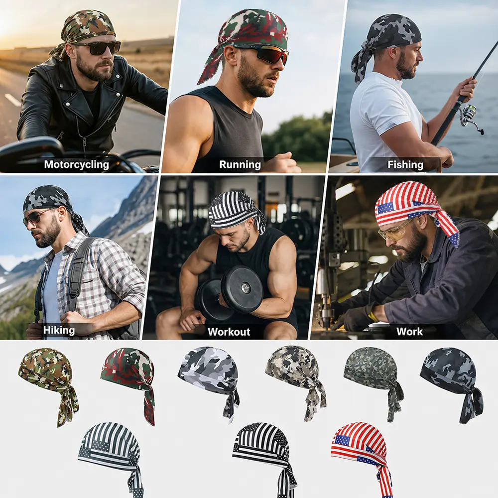 9PCS/Set Cooling Sweat-Wicking Bandana Hats & Skull Caps - Quick-Dry Motorcycle Doo Rags Suitable for Men & Women, Adjustable Head Wrap for, Outdoor, Parties, Gym, Motorcycle Riding