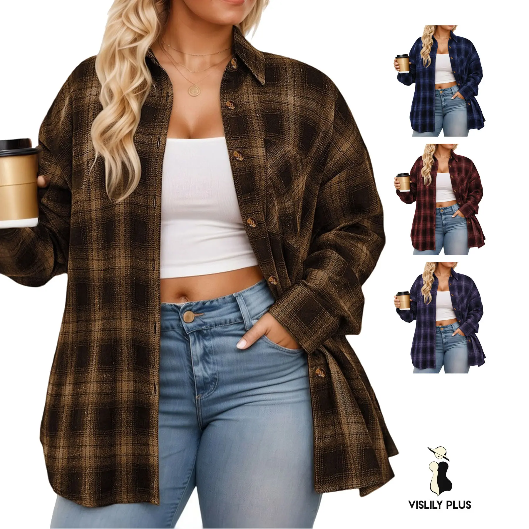 Plus-Size-Tops for Women Casual Button Down Flannel Plaid Shirts Long Sleeve Tunics Collared Dressy Blouses XL-5XL VPS0174 Oversized Loose plus size fashion Womenswear summerwins