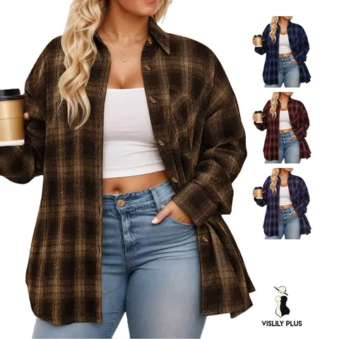 Vislily Women's Plus-Size Flannel Plaid Shirts Button-Down Checkered Woven Blouse Long-Sleeve Tunic Oversized Loose Comfort Top XL-5XL VPS0174 Plus Size Clothes, Curvy Clothing, Modest Fashion)