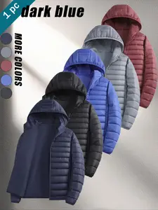 Men's Winter Lightweight Down Jacket, Hooded Stand Collar Coat, Casual Fitted Thick Fabric Outerwear for Fall & Winter